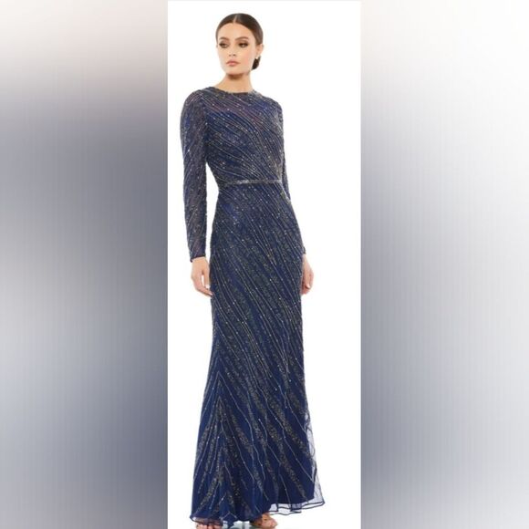 Mac Duggal 5240 Long Sleeve Beaded Column Gown NWT sz 12 Midnight Blue - Picture 1 of 6